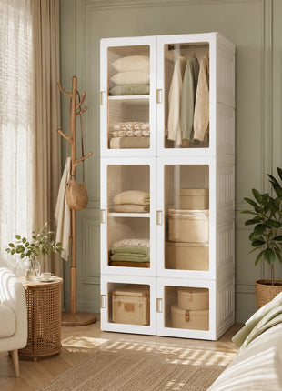 Mobile pieghevole multifunzione con asta appendiabiti, ripiani, ante magnetiche, armadio portatile, guardaroba, facile da montare, per soggiorno, camera da letto, bianco
