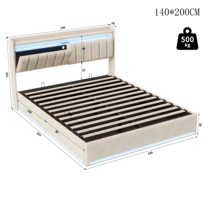 Upholstery bed Rosahqnda,140x200cm, with LED lighting and USB, open/closed storage space, single/double bed, slatted frame, velvet
