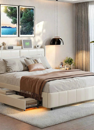 Wooden Aura Double bed 160x200 cm Youth bed with 4 drawers for storage beds 160x200 with slatted frame PU leather