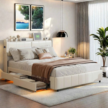 Wooden Aura Double bed 160x200 cm Youth bed with 4 drawers for storage beds 160x200 with slatted frame PU leather