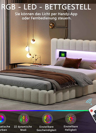 MINGZHE trunk bed with box trunk, Double upholstered bed with slatted box, 2-person bed with LED and USB