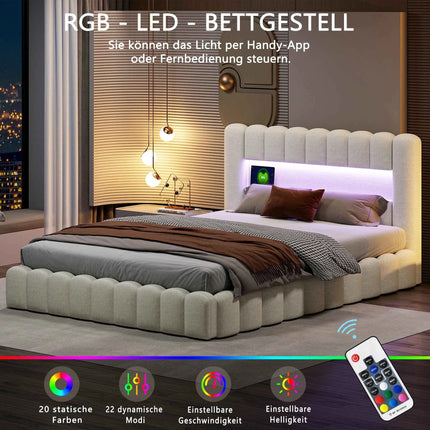MINGZHE trunk bed with box trunk, Double upholstered bed with slatted box, 2-person bed with LED and USB
