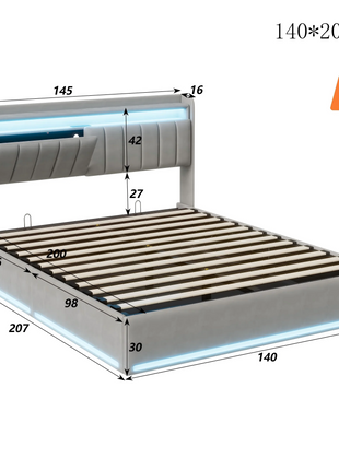 Upholstery bed Rosahqnda,140x200cm, with LED lighting and USB, open/closed storage space, single/double bed, slatted frame, velvet