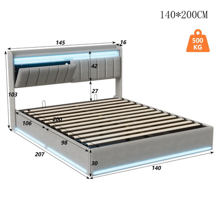 Upholstery bed Rosahqnda,140x200cm, with LED lighting and USB, open/closed storage space, single/double bed, slatted frame, velvet