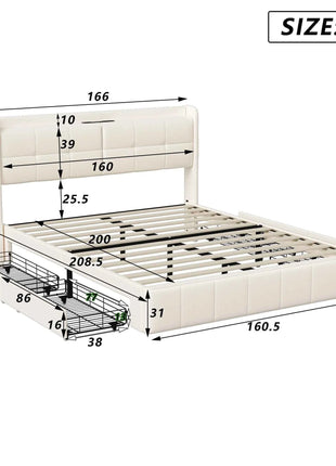Wooden Aura Double bed 160x200 cm Youth bed with 4 drawers for storage beds 160x200 with slatted frame PU leather