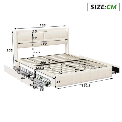 Wooden Aura Double bed 160x200 cm Youth bed with 4 drawers for storage beds 160x200 with slatted frame PU leather