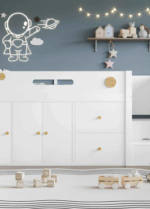 Wooden bed, Children's bed, Half height bed, storage strep with magnetic doors, With two large drawers and closet