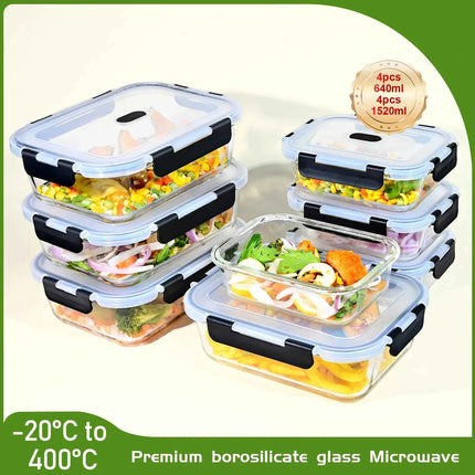 1520/640ml Glass Food Storage Containers, Set of Airtight Containers with Steam Release Valves, BPA-Free, Kitchen Storage Boxes