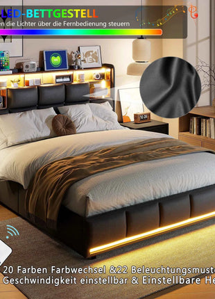 Bed 140x200, upholstered double bed with LED and USB, box spring bed, youth bed with storage headboard, hydraulic storage bed, backrest, bed frame with slatted base, black, PU, without mattress