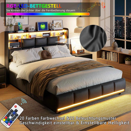 Bed 140x200, upholstered double bed with LED and USB, box spring bed, youth bed with storage headboard, hydraulic storage bed, backrest, bed frame with slatted base, black, PU, without mattress