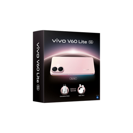 Vivo V60 Lite 5G Air3 + charger 90W Buds Pack, 6500 mAh BlueVolt Battery, AI Cameraphone with sensor Sony IMX882 50MP, Aura Light,8 + 8GB RAM,256GB ROM, 120Hz AMOLED display, IP65, NFC