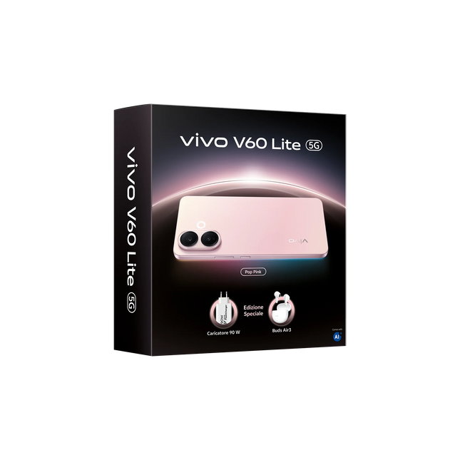 Vivo V60 Lite 5G Air3 + charger 90W Buds Pack, 6500 mAh BlueVolt Battery, AI Cameraphone with sensor Sony IMX882 50MP, Aura Light,8 + 8GB RAM,256GB ROM, 120Hz AMOLED display, IP65, NFC