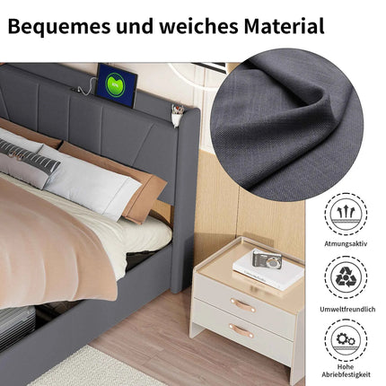 Superaly Hydraulic Storage Bed Frame 140x200cm/160X200cm Upholstered Double Bed with USB Charging Port,Linen Fabric