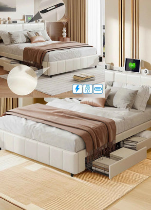 Wooden Aura Double bed 160x200 cm Youth bed with 4 drawers for storage beds 160x200 with slatted frame PU leather