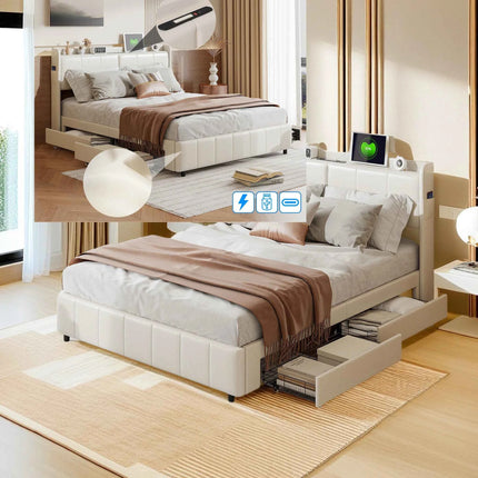 Wooden Aura Double bed 160x200 cm Youth bed with 4 drawers for storage beds 160x200 with slatted frame PU leather