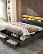 Upholstered bed 160x200 cm with storage, hydraulic storage bed, double bed with bed box, bed with 2 drawers, stowable headboard, youth bed, without mattress, linen, grey