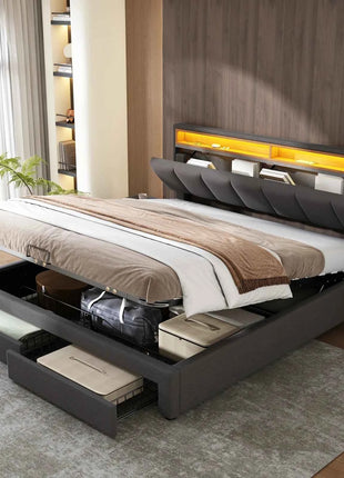 Upholstered bed 160x200 cm with storage, hydraulic storage bed, double bed with bed box, bed with 2 drawers, stowable headboard, youth bed, without mattress, linen, grey