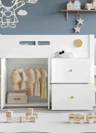 Wooden bed, Children's bed, Half height bed, storage strep with magnetic doors, With two large drawers and closet