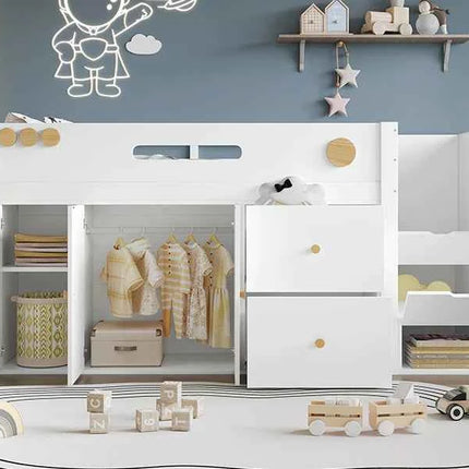 Wooden bed, Children's bed, Half height bed, storage strep with magnetic doors, With two large drawers and closet