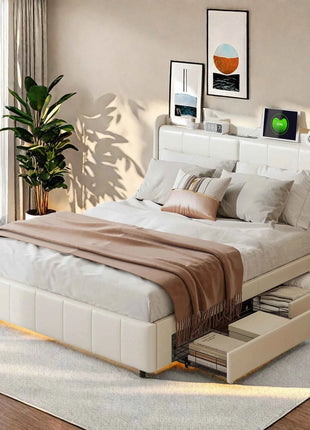 Wooden Aura Double bed 160x200 cm Youth bed with 4 drawers for storage beds 160x200 with slatted frame PU leather