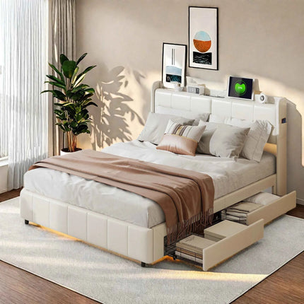 Wooden Aura Double bed 160x200 cm Youth bed with 4 drawers for storage beds 160x200 with slatted frame PU leather