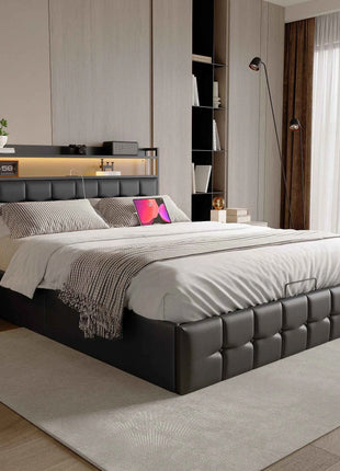 Rosahqnda cushion bed Padded Hydraulic bed frame Grey Pu Linen Headboard Linen Fabric Without Mattress