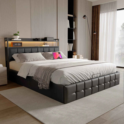 Rosahqnda cushion bed Padded Hydraulic bed frame Grey Pu Linen Headboard Linen Fabric Without Mattress
