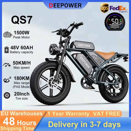 DEEPOWER 1500W Adult Electric Bike 48V 60AH Dual Battery Electric Bicycle 20-inch Fat Tire Outdoor Off-Road All-Terrain Ebike