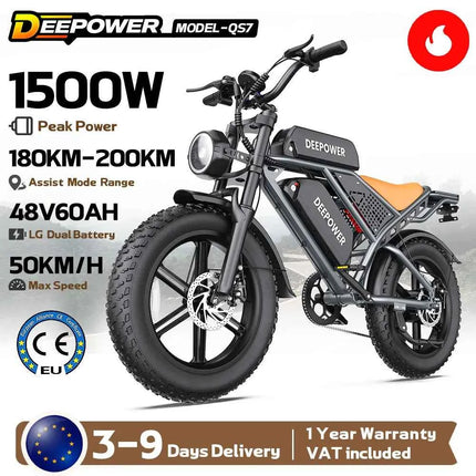DEEPOWER QS7 Peak 1500W Electric Bicycle 48V 60AH Dual battery Electric Bike 20Inch 4.0 Fat Tire Snow E-bike,Dual Shock Absor