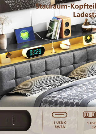 Rosahqnda cushion bed Padded Hydraulic bed frame Grey Pu Linen Headboard Linen Fabric Without Mattress