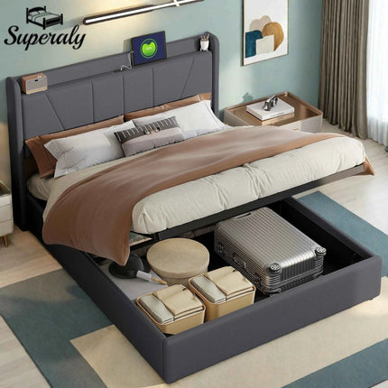 Superaly Hydraulic Storage Bed Frame 140x200cm/160X200cm Upholstered Double Bed with USB Charging Port,Linen Fabric