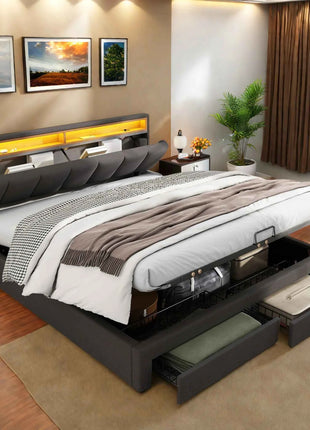 Upholstered bed 160x200 cm with storage, hydraulic storage bed, double bed with bed box, bed with 2 drawers, stowable headboard, youth bed, without mattress, linen, grey