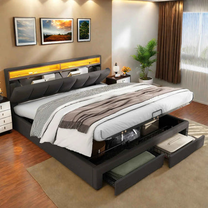 Upholstered bed 160x200 cm with storage, hydraulic storage bed, double bed with bed box, bed with 2 drawers, stowable headboard, youth bed, without mattress, linen, grey