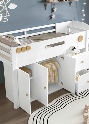 Wooden bed, Children's bed, Half height bed, storage strep with magnetic doors, With two large drawers and closet