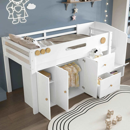 Wooden bed, Children's bed, Half height bed, storage strep with magnetic doors, With two large drawers and closet