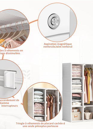 Mobile pieghevole multifunzione con asta appendiabiti, ripiani, ante magnetiche, armadio portatile, guardaroba, facile da montare, per soggiorno, camera da letto, bianco