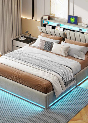 Rosahqnda Double Bed LED Lighting Headboard USB Connectors Storage Compartment Storage bed Guest bed Youth bed Velvet Fabric