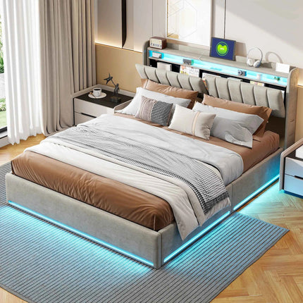 Rosahqnda Double Bed LED Lighting Headboard USB Connectors Storage Compartment Storage bed Guest bed Youth bed Velvet Fabric