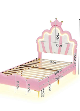 Rosahqnda Children bed 90 × 140 × 200cm LED & Drawers Princesses bed Crowns bed Petal bed Single Double, PU Velvet