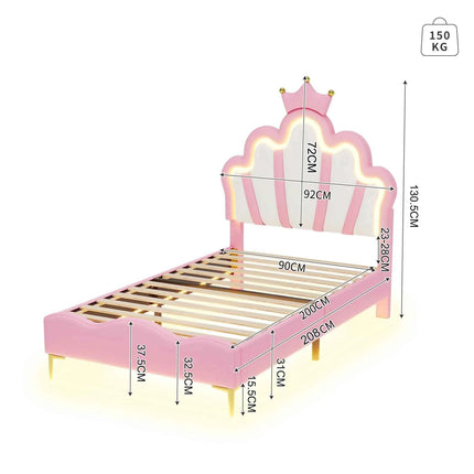 Rosahqnda Children bed 90 × 140 × 200cm LED & Drawers Princesses bed Crowns bed Petal bed Single Double, PU Velvet