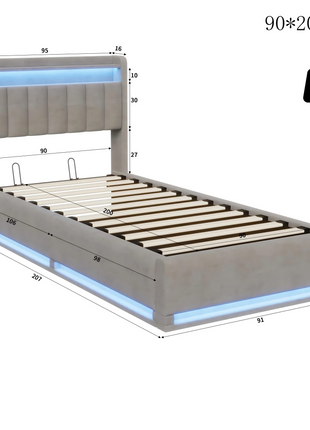 Upholstery bed Rosahqnda,140x200cm, with LED lighting and USB, open/closed storage space, single/double bed, slatted frame, velvet