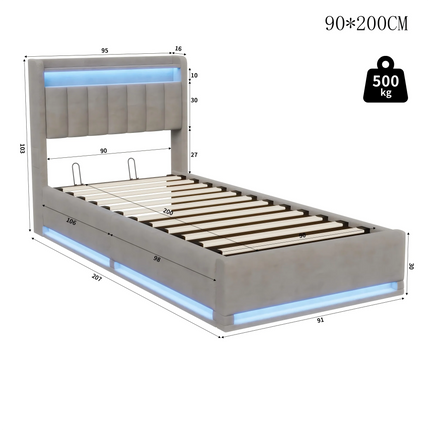 Upholstery bed Rosahqnda,140x200cm, with LED lighting and USB, open/closed storage space, single/double bed, slatted frame, velvet