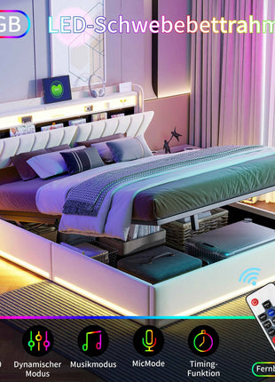 Upholstery bed Rosahqnda,140x200cm, with LED lighting and USB, open/closed storage space, single/double bed, slatted frame, velvet