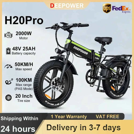 DEEPOWER 2000W Electric Bike 48V 25Ah 20" Adult Ebike with Hydraulic Disc Brakes Off-Road All-Terrain Mountain Electric Bicycle
