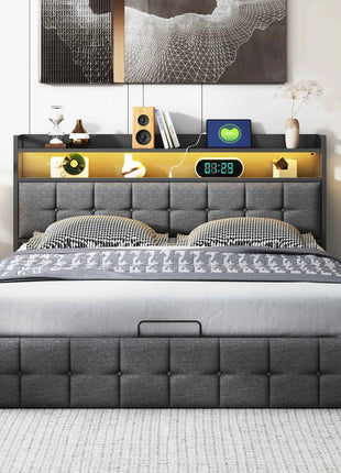 Rosahqnda cushion bed Padded Hydraulic bed frame Grey Pu Linen Headboard Linen Fabric Without Mattress