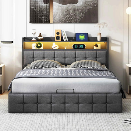 Rosahqnda cushion bed Padded Hydraulic bed frame Grey Pu Linen Headboard Linen Fabric Without Mattress