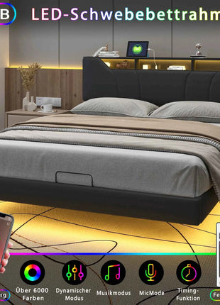 Superaly 140/160x200cm LED Upholstered Bed,PU Hydraulic Double Bed with Storage Space & Slatted Frame,Adjustable Headboard,Black