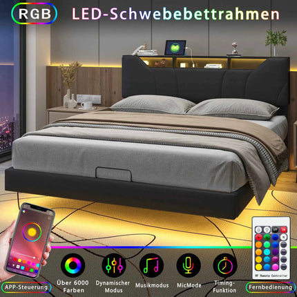 Superaly 140/160x200cm LED Upholstered Bed,PU Hydraulic Double Bed with Storage Space & Slatted Frame,Adjustable Headboard,Black