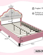Children's Upholstered Bed 140 x 200 cm with LED Light, Single Upholstered Bed 90 x 200 cm, Princess Crown Design, Adjustable He