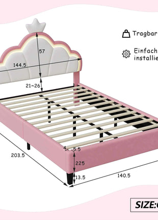 Children's Upholstered Bed 140 x 200 cm with LED Light, Single Upholstered Bed 90 x 200 cm, Princess Crown Design, Adjustable He